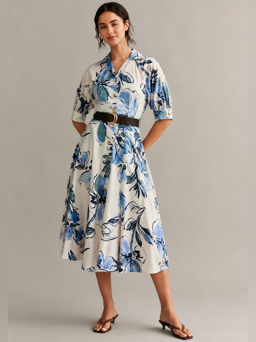 Nwt Donna Karan New York Women's Spread Collar Floral Midi Shirt Dress Sz 14